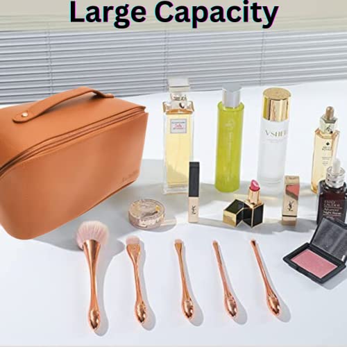 Lasalita Large Capacity Travel Cosmetic Bag - Cosmetic Travel Bags For Women And Makeup Remover Cloth - Make Up Bag Is Made Of Waterproof Pu Leather, Double Zipper Travel Makeup Bag (Mocha Brown) #TOP3