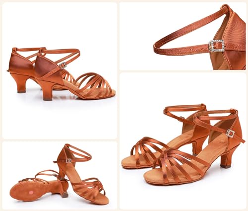 Rosefinch Women's Latin Dance Shoes Satin Professional Ballroom Salsa Practice Performance Wedding Dancing Shoes，Dance High Heels for Women Brown（2 inch Heel）4