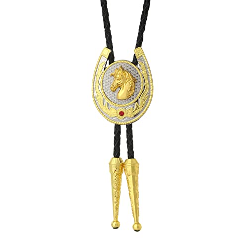 Image of Jeilwiy Bolo Tie for Men, Western Cowboy Golden Longhorn Bull Eagle Horse Cowboy Hat Bolo Necklace Leather Necktie for Women