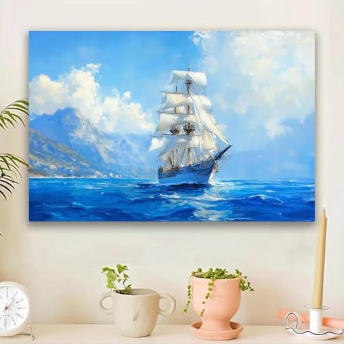 Tableau abstrait de bateaux en mer pour raviver un mur vide avec cette toile bleue salon