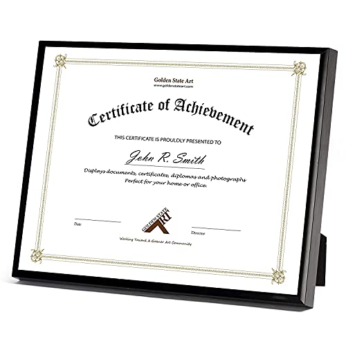 Golden State Art, 8.5x11 Aluminum Frame, Real Glass, Metal Frame for 8.5 by 11 inch Document, Certificate, Diploma. with Easel Stand (Black, 1 Pack)