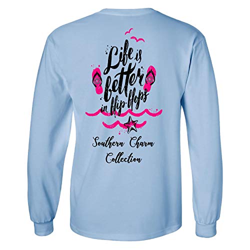 Southern Charm Life is Better in Flip Flops on a Long Sleeve Sky Blue T Shirt - XL