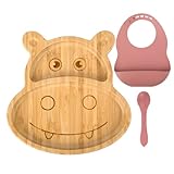 🦛 VAJILLA BAMBU INFANTIL DE 3 PIEZAS. Incluye todo lo necesario para alimentación de tu bebe. Está compuesto por un babero de silicona suave ajustable al cuello de tu bebe e impermeable de color rosa, un plato bebe de bambú 100% natural con una bonita forma de hipopótamo y ventosa extraíble en color rosa de gran succión y una cuchara de silicona suave y blanda para no dañar las encías de tu bebe.