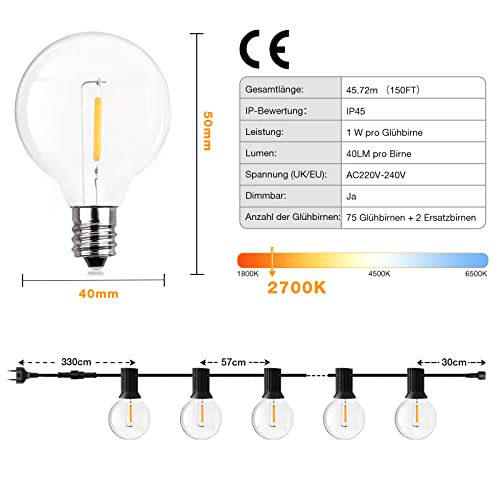 GPATIO LED Lichterkette Außen, 45M Lichterkette außen strom mit 75+2 Stk. Warmweiße G40 Glühbirnen Plastik, IP45 Wasserdicht Innen/Außen Lichterketten für Garten, Terrasse, Hochzeiten, Partys