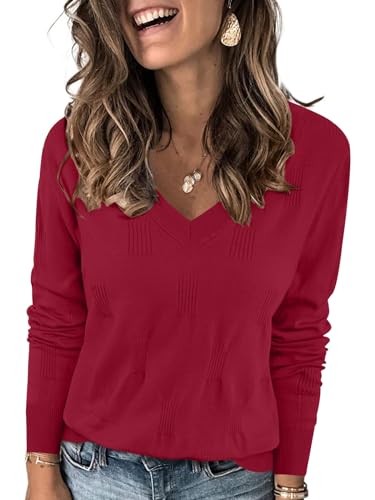 Image of Yincro Women V Neck Long Sleeve Soft Sweater Knit Casual Pullover Top