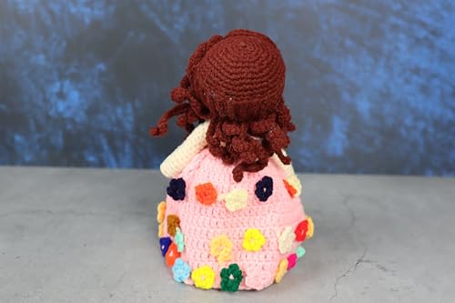 Image of Sutra Handmade Crochet Doll in Pink Rainbow Dress | Wool Amigurumi Soft Toy | Colorful Handmade Gift for Kids, Nursery & Home Decor