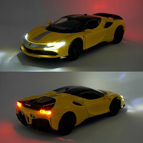 Image of 1:32 Diecast Ferrari SF90 Alloy Metal Pull Back Die-Cast Car Scale Model Pullback with Sound Light Mini Auto Toy car for Kids Best Gifts Toys for Kids Boys Yellow