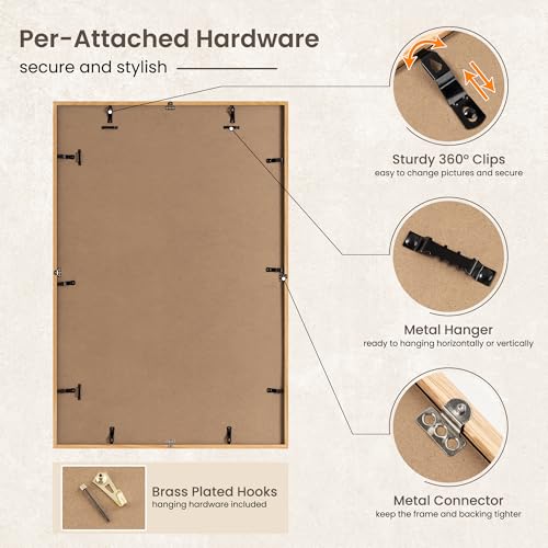 Image of FLYJOE 24x36 Oak Wood Picture Frame with Mat for 20x30, 24 by 36 USA-Sourced Natural Solid Wooden Poster Frame for Wall Display, Tempered Real Glass, Hanging Hardware Included, 1 Pack, Natural