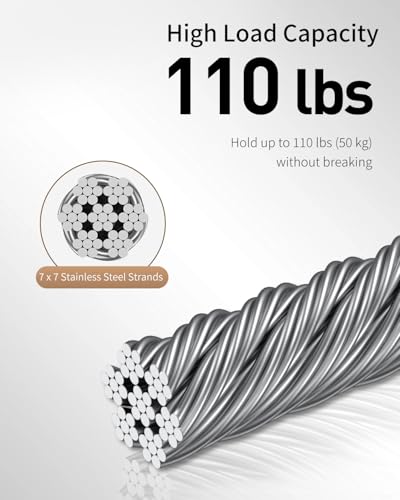 Image of Uniclife Picture Hanging Wire, 100 Feet 1 /32 inch Picture Wire with Crimping Sleeves, Stainless Steel Rope for up to 110 lbs, Trellis Line Cable for Photo Frames and String Lights