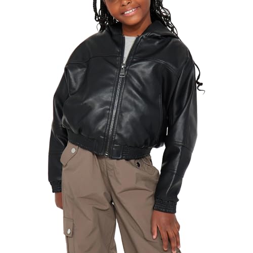 Trifoliate Girls Black Bomber Hooded Leather Jacket – Casual PU or Sheepskin Outerwear Jackets for Girls