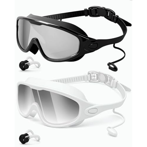 Rantizon Swim Goggles 2 Pack, Wide View Anti Fog&UV Swimming Goggles for Audlt, No Leaking Swim Glasses for Men Women Kids Black & Gradient Black Larg