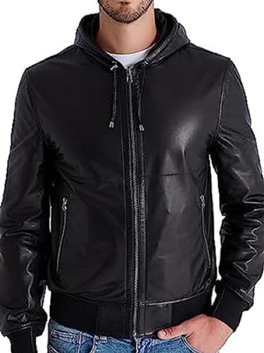 Hooded Jacket Lambskin Motorcycle Draw String Casual Black Bomber Leather Jacket3