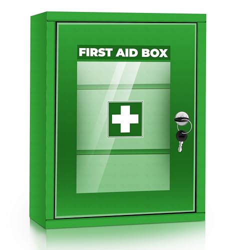 Image of OTICA First Aid Box Emergency Medical Kit for Medicine Storage Multi Compartment First Aid Kit Box for Home, School, Office with Key Lock, Big Size, Wall Mount (Full Green)