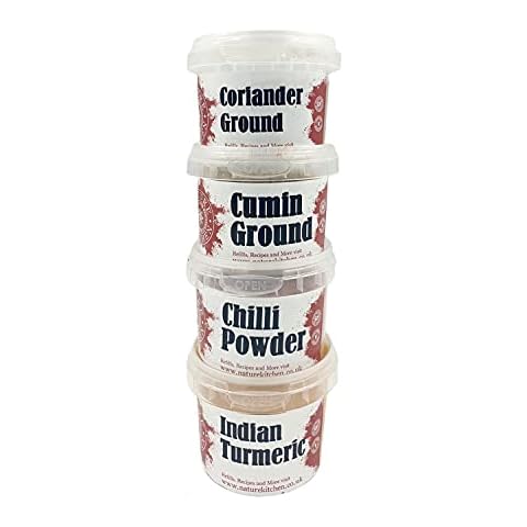 Nature Kitchen 4x Essential Indian Spices, Curry Spice Seasoning Set. Gluten-Free Herbs and Spices for Cooking Recipes. Includes Coriander, Cumin, Chilli Powder and Turmeric Cover