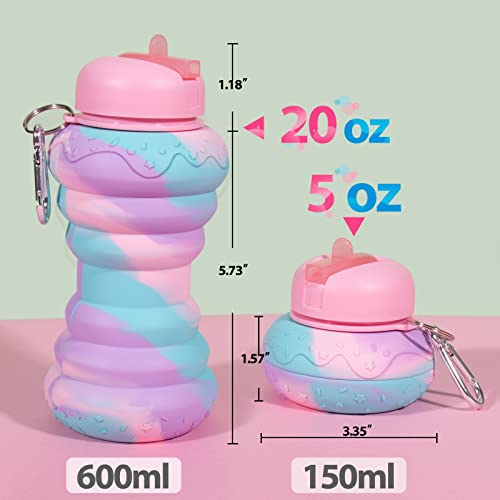 Donut Collapsible Kids Water Bottles For School Girls 20Oz Bpa Free Leakproof Silicone Foldable Water Bottles For Student Toddler Sports Travel W/ Flip Spout, Birthday Gift For Girls Pink 600Ml #TOP3