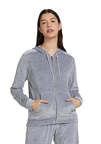 Jaqueta Básica Feminina Em Plush Com Capuz E Bolso Frontal Cinza Claro M