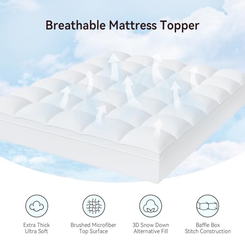 ABENE Queen Size Mattress Topper for Back Pain Relief, Extra Thick Mattress Pad Pillowtop, Soft Plush Mattress Cover Bed Topper with Deep Pocket, Overfilled Down Alternative Filling, White