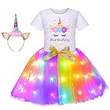 Girls Unicorn Birthday Outfit LED Light Up Tutu Dress Costume Unicorn Shirt with Headband for Birthday Party Gifts (5-6 Years, Rainbow)