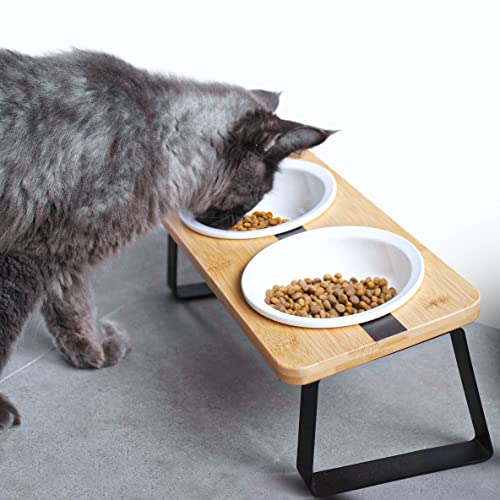 Elevated Cat Ceramic Bowls Stand, Small Dog, Indoor, Anti Vomit, Tilted Feeding Position, Full Bamboo Body Stand With Food Grade, Whisker Friendly Dish For Cats And Puppy #TOP7