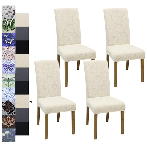 Dining Chair Covers, Jacquard Stretch Kitchen Chair Covers, Dining Room Chair Cover Set of 4, Detachable Washable Chair Covers, Chair Slipcovers, for Home, Restaurant, Banquet (Ginkgo, Cream)