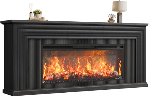 PRAISUN 70'' Fireplace TV Stand with 42'' Electric Fireplace, Farmhouse TV Stand for 65 75 Inch TV, Entertainment Center TV Console with 3 Drawers, Fluted Design, for Living Room, Black
