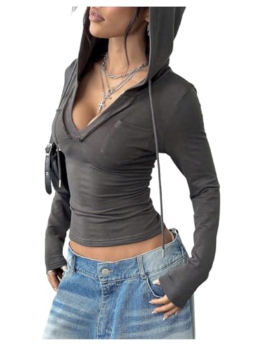 GORGLITTER Womens Long Sleeve Cropped Hoodies Long SLeeve V Neck Slim Fit Hooded Sweatshirt Grey Medium
