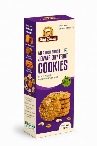 Image of Midbreak No Added Sugar Jowar Millet & Dry Fruit Cookies 100g | Gluten-Free High-Fiber Healthy Biscuits | Diabetic-Friendly Snack with Nutritious Dry Fruits | Pack of 1