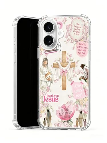Dohakemuny Pink Christian Phone Case Compatible with iPhone 17, Jesus Cross Flowers Phone Cover for iPhone 17