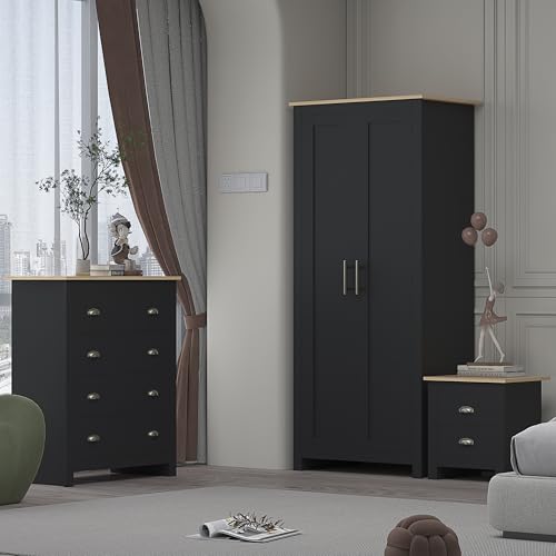 AFN Home Country Style 3 Piece Bedroom Set - Wardrobe Chest Bedside Black on Oak (3 Piece Set) (Black on Oak)