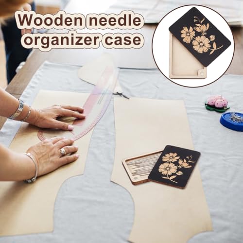 Image of AHANDMAKER 2 pcs Wooden Needle Box Sewing Needle Storage Box Sewing Pins Organizer with Flower Print for Quilters, Sewers, Tailors, Black,3.15x1.97x0.14 Inch