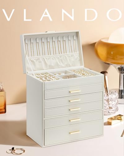 Vlando Große Schmuckschatulle, 6 Schichten, Schmuck-Organizer, Organizer für Schublade, Halskette, Ring und Uhr, Geburtstagsgeschenk für geliebte Menschen, Beige
