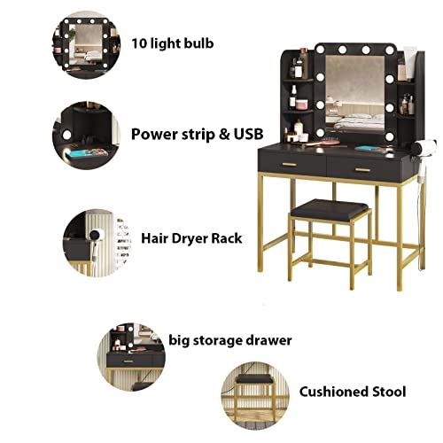 Image of Vanity Desk with Mirror and 10 Led Lights, with Charging Station, Makeup Table Set with Lighted Morror, with 3 Lighting Modes and 2 Drawers&Cushioned Stool for Bedroom