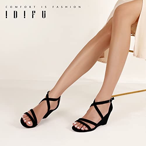 IDIFU Women's 3 Inch Strappy Wedge Sandals Open Toe Dressy Wedges For Women Black Nude Silver White Bridal Wedge Heels On Wedding Evening Summer4