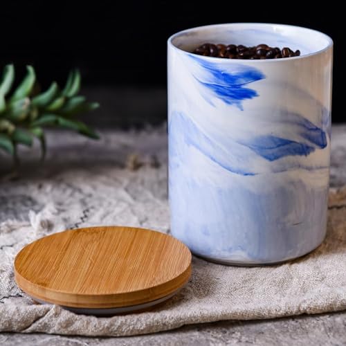 Image of UMAI Ceramic Jar with Bamboo Lid - 400ml| Air Tight Containers for Kitchen Storage | Multipurpose-Tea,Coffee,Snacks,Sugar,Salt,Dry Fruit,Pulses | Kitchen Organizer Items & Storage | Gift Items|Blue