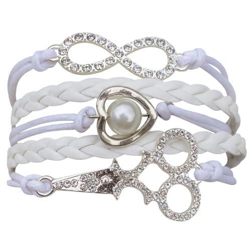 Hair Stylist Bracelet – White Braided Wrap Bracelet with Rhinestone Infinity, Pearl Heart & Scissor Charms – Fashion Jewelry Gift for Hairdressers & Cosmetologists