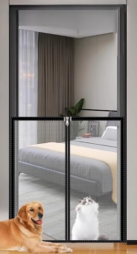 Cancellettos per Cani con Autoadesivo & Anti-Graffio, Rete di Sicurezza per Balcone/Finestra, Barriera per Gatti Senza Fori, Protezione Bambini con Chiusura Lampo(White mesh black frame,110x105 cm)