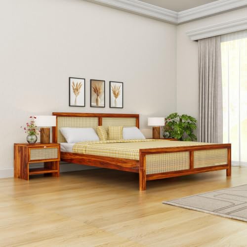 Image of Solid Sheesham Wood Queen Size Bed | Wooden Queen Size Cot Bed Double Bed for Bedroom,Home (Honey)