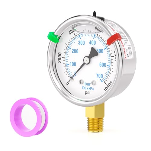 Image of 0-10000PSI Stainless Steel Liquid Filled Pressure Gauge, 2.5 inch Dial Size, 1 /4 inch NPT Lower Mount, for Tube, Water Pump, Gas, Liquid, Pressure Test (with Range Mark Pointer)