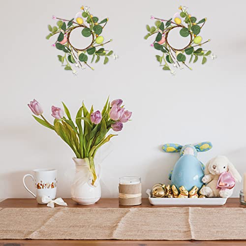Mokylor 4 Pcs Easter Egg Candle Ring, 3.1 Inch Spring Easter Eucalyptus Leaves Wreath Pillar Candle Holders With Colorful Egg For Easter Table Centerpiece #TOP2