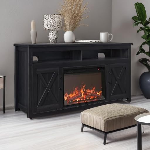 BELLEZE 58 Rustic Grey TV Stand with 23 Electric Fireplace for TVs up to 65