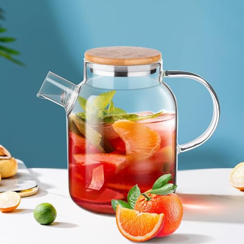 Image of Glass Teapot Stovetop 1800ml, Borosilicate Clear Tea Kettle with Bamboo Lid, Glass Tea Pot with Removable Filter Spout,Teapot Blooming and Loose Leaf Tea 1 Pcs (1800ML Kettle, Medium)