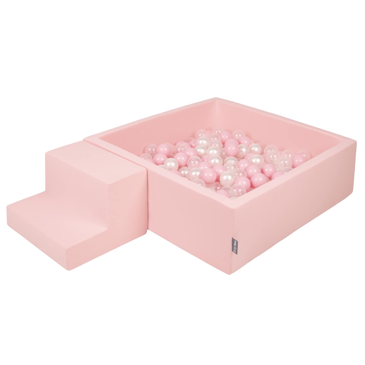 KiddyMoon Foam Playground For Kids With Square Ballpit (100 Balls ∅ 7Cm/2.75In) Soft Obstacles Course And Ball Pool, Made In The EU, Pink:Powder Pink/Pearl/Transparent