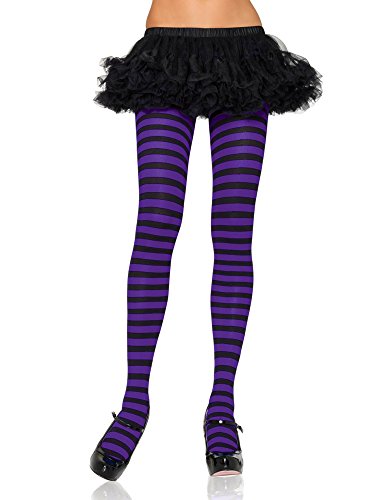 Nylon Striped Tights Adult Hosiery Black/Purple Plus Size - Queen