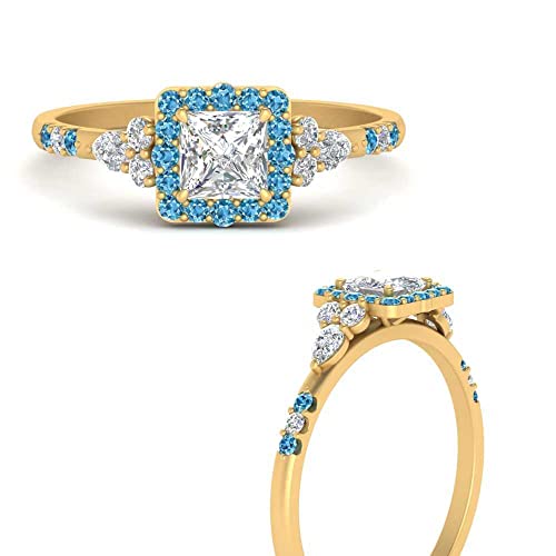 Image of Choose Your Color 14k Yellow Gold Plated Princess Shape Petite Engagement Rings Halo Edwardian Engagement Ring Everyday Wedding Jewelry Handmade Gifts for Wife : US Size 4 to 12