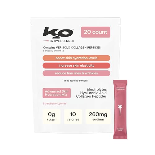 k2o by Kylie Jenner Advanced Skin Hydration Mix with Electrolytes, Hyaluronic Acid & Verisol Collagen Peptides - Clinically Shown to Boost Hydration & Reduce Wrinkles - 20 Count (Strawberry Lychee)