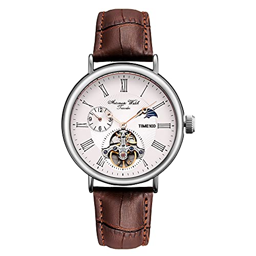 TIME100 Mens Leather Watches Automatic Mechanical Skeleton Tourbillon Luxury Self Winding Dress Wrist Watches Moon Phase Waterproof Luminous Bronze White — view 2