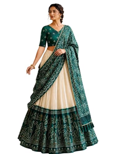 Flosive Women's Lehenga Choli Set | Dola Silk Stitched Lehenga with Foil Print, Printed Unstitched Blouse & Lace Tassel Dupatta | Navratri Wear (Green)