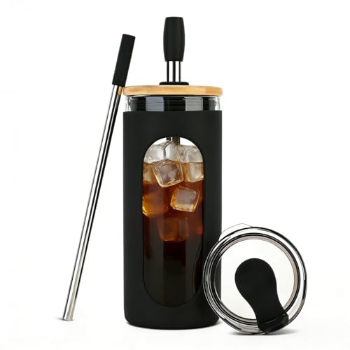 Sursip 20 oz Glass Tumbler with Lids and Straws, Reusable Borosilicate Glass Iced Coffee Cup with Bamboo Lid for Smoothie Boba Juice,Travel BPA-Free - Black