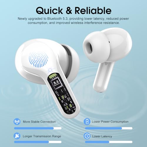 Wireless Earbuds, Bluetooth 5.4 Headphones HiFi Stereo, Bluetooth Earbuds with ENC Noise Cancelling Mic, IP7 Waterproof in Ear Earphones, 48H, LED Display Ear buds for Pad Phones Workout Sports, White - Image 2