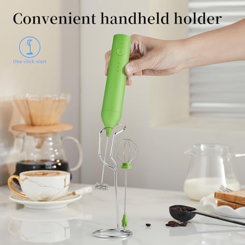 Image of Rechargeable Milk Frother Set by ELMWAY, Electric Drink Blender with Wand and Egg Whisk, Foam Maker Mixer, Milk Frother Handled for Coffee, Latte, Matcha, Protein Powder (Green with Stand)
